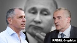 Владимир Константинов и Сергей Аксенов на фоне Владимира Путина. Коллаж 