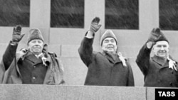 Late Soviet leader Leonid Brezhnev (center) with the president of the presidium of the U.S.S.R.'s Supreme Soviet Nikolai Podgorny and politburo member Andrei Kosygin during October Revolution anniversary celebrations in 1973. 