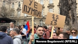 Protesters streamed into the Serbian capital on March 15 ahead of the demonstrations.