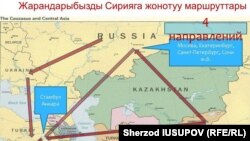 Qirg‘iziston fuqarolarini Suriyaga jo‘natish sxemasi. 1. Aviaqatnovlar orqali- Bishkek va O‘shdan Istanbulga; 2. Rossiya orqali Anqara yoki Istanbulga; 3. Istanbul yoki Anqara orqali Suriyaga.