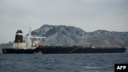 The Grace 1 supertanker, suspected of carrying crude oil to Syria in violation of EU sanctions, is shown after it was detained off the coast of Gibraltar on July 6.