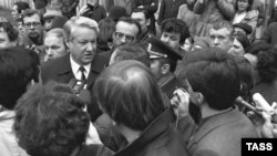 Boris Yeltsin at a polling station in Moscow on election day to the Congress of People's Deputies on March 26, 1989.