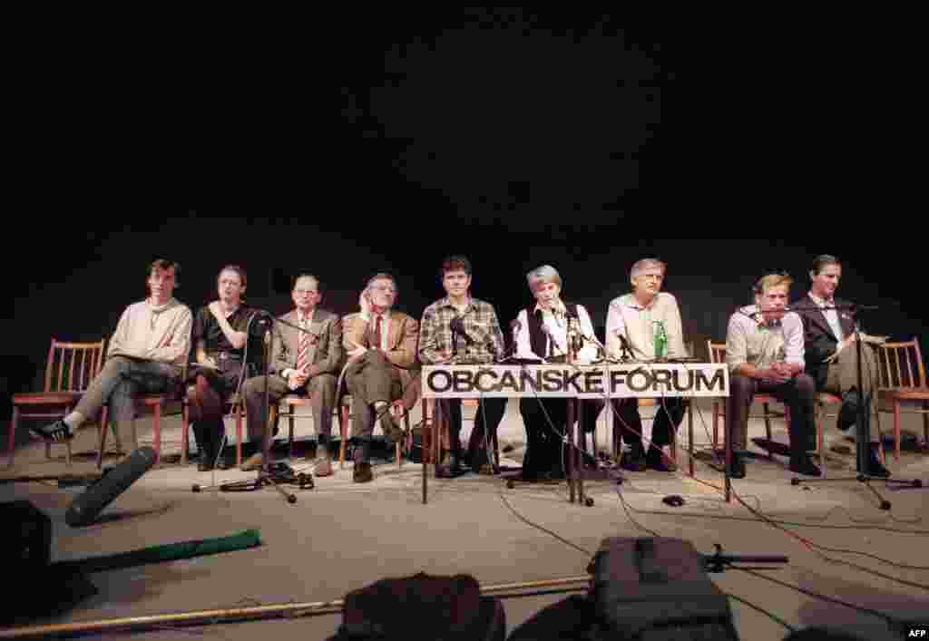 Leaders of the Obcanske forum (Civic Forum) opposition group meet at their ad hoc headquarters in a Prague theater. Vaclav Havel is seated second from the right.&nbsp;