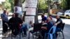 Railway employees protest outside the offices of the Georgian Railway in Tbilisi on August 21.